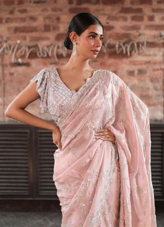 Pink tissue embroidered saree