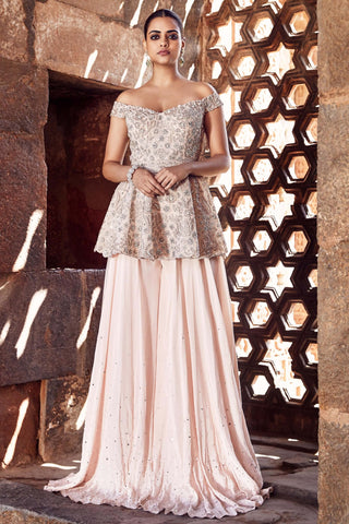 Pink faded nostalgia couture peplum and sharara set