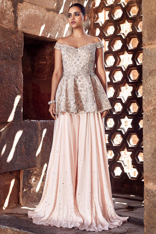 Pink faded nostalgia couture peplum and sharara set