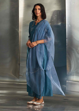 Steel blue chanderi straight kurta sharara set