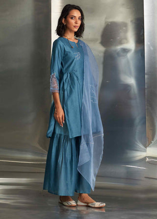 Steel blue chanderi straight kurta sharara set