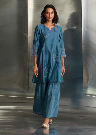 Steel blue chanderi straight kurta sharara set