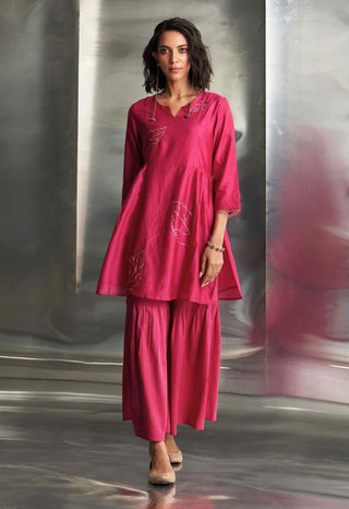 Pop pink chanderi straight kurta sharara set