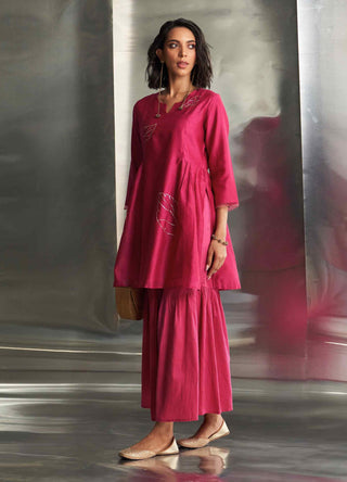 Pop pink chanderi straight kurta sharara set