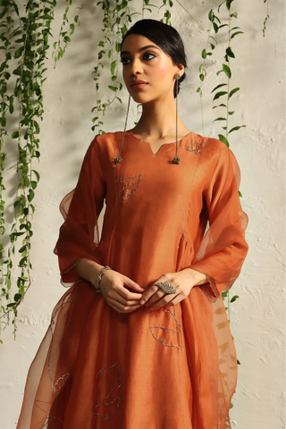 Orange side gathered kurta set