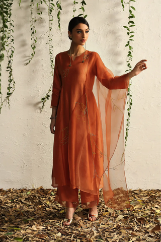 Orange side gathered kurta set