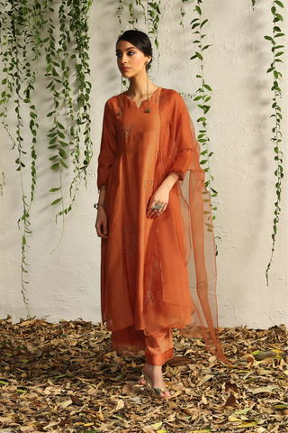 Orange side gathered kurta set