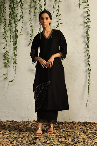 Black chanderi straight kurta set