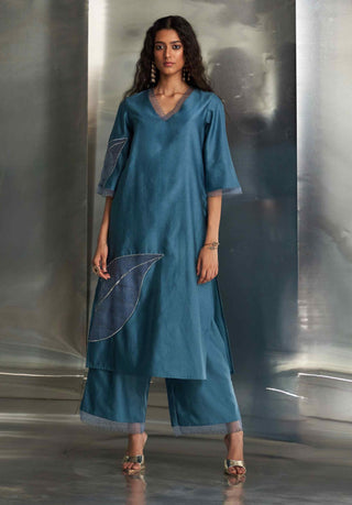 Steel blue chanderi straight kurta set