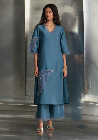 Steel blue chanderi straight kurta set