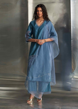 Steel blue chanderi straight kurta set