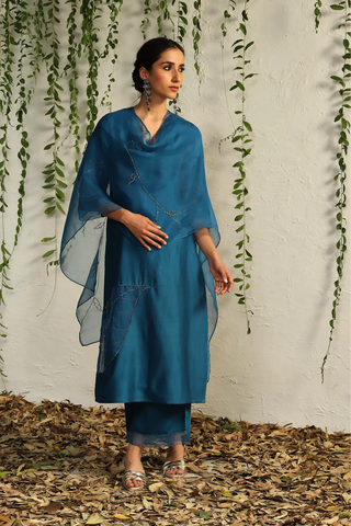 Blue chanderi straight kurta set