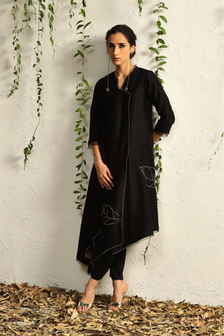 Black chanderi asymmetrical kurta set