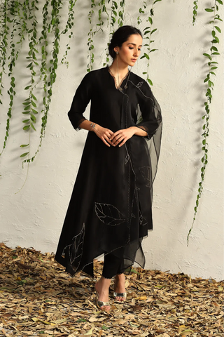 Black chanderi asymmetrical kurta set