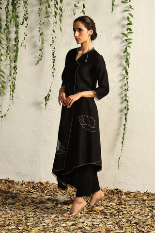 Black chanderi asymmetrical kurta set