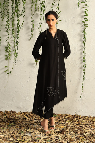 Black chanderi asymmetrical kurta set