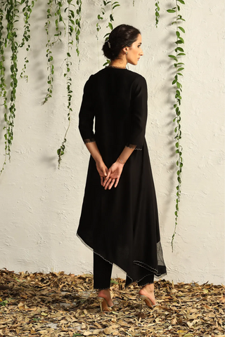 Black chanderi asymmetrical kurta set