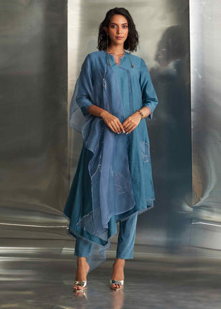 Steel blue chanderi asymmetrical kurta set