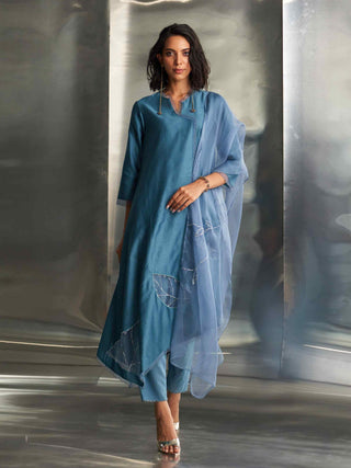 Steel blue chanderi asymmetrical kurta set