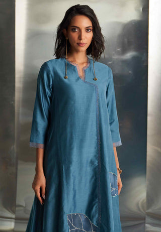 Steel blue chanderi asymmetrical kurta set