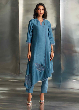 Steel blue chanderi asymmetrical kurta set