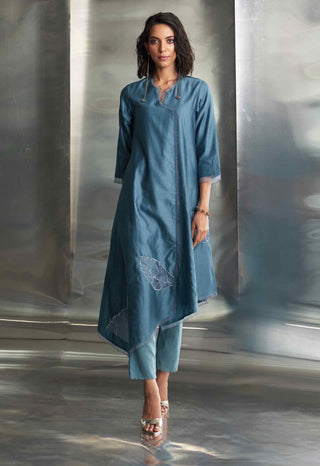 Steel blue chanderi asymmetrical kurta set