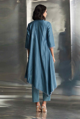 Steel blue chanderi asymmetrical kurta set