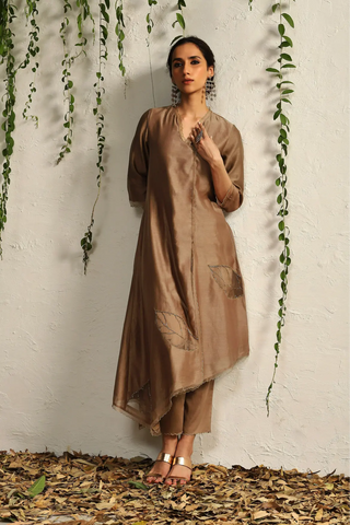 Brown chanderi asymmetrical kurta set