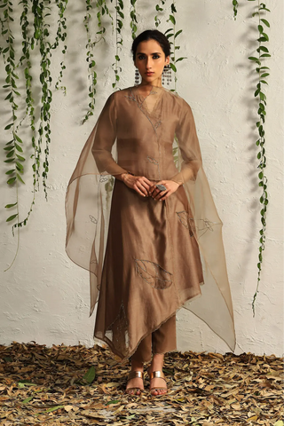 Brown chanderi asymmetrical kurta set