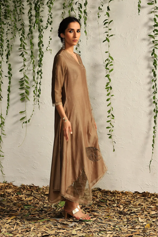 Brown chanderi asymmetrical kurta set