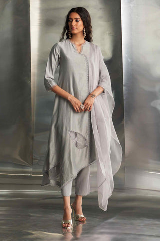 Steel gray chanderi asymmetrical kurta set