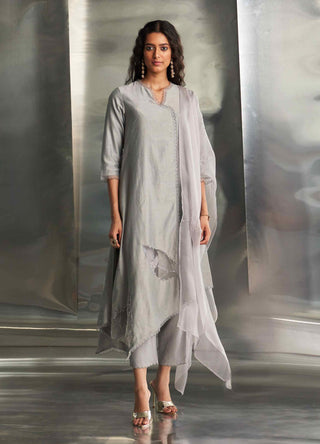 Steel gray chanderi asymmetrical kurta set