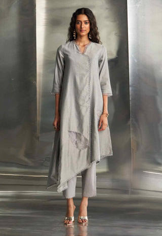 Steel gray chanderi asymmetrical kurta set