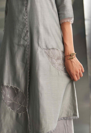 Steel gray chanderi asymmetrical kurta set