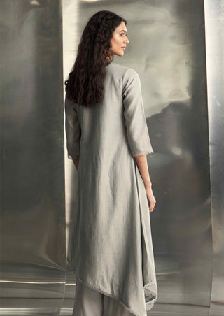 Steel gray chanderi asymmetrical kurta set