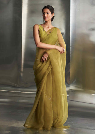 Berry green saree with sleeveless blouse