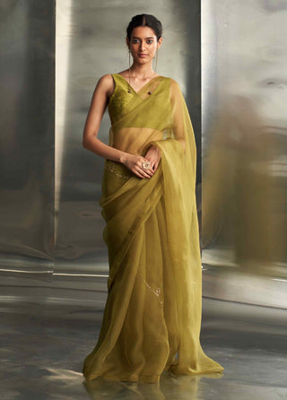 Berry green saree with sleeveless blouse