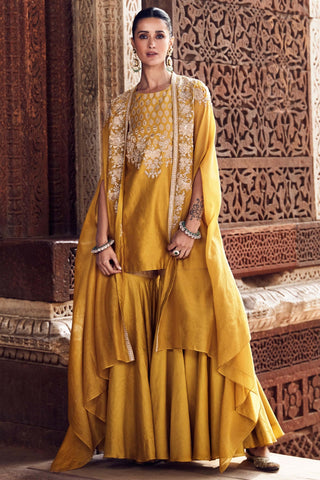 Sona patti turmeric cape with kurta sharara set