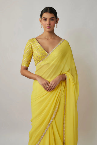 Lemon yellow sequin and zari embroidered georgette saree set