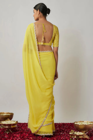 Lemon yellow sequin and zari embroidered georgette saree set