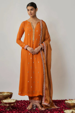 Saffron orange mirror, sequin and thread embroidered georgette suit set