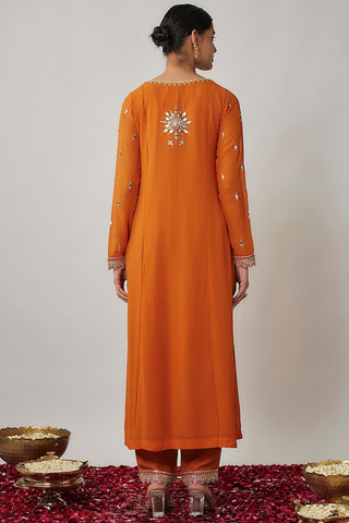 Saffron orange mirror, sequin and thread embroidered georgette suit set