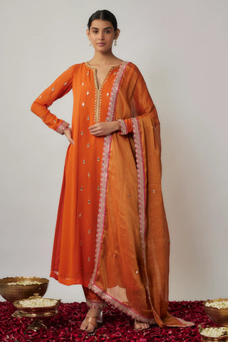 Saffron orange mirror, sequin and thread embroidered georgette suit set