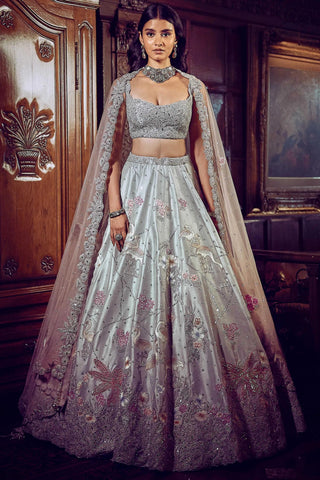 Green ice blue flamingo landscape lost in time lehenga