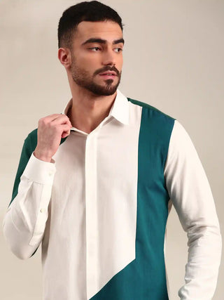 White, green & blue panelled cotton shirt