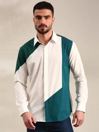 White, green & blue panelled cotton shirt