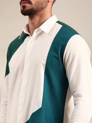 White, green & blue panelled cotton shirt