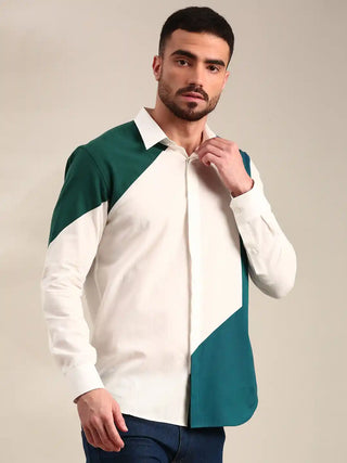 White, green & blue panelled cotton shirt