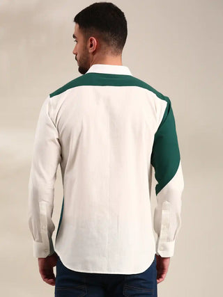 White, green & blue panelled cotton shirt