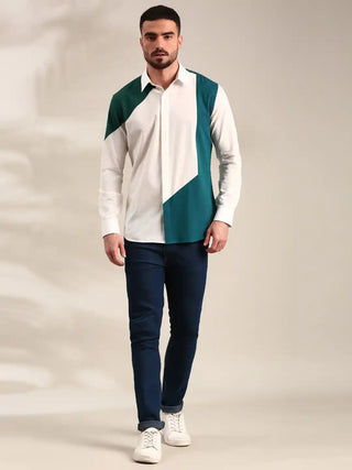 White, green & blue panelled cotton shirt